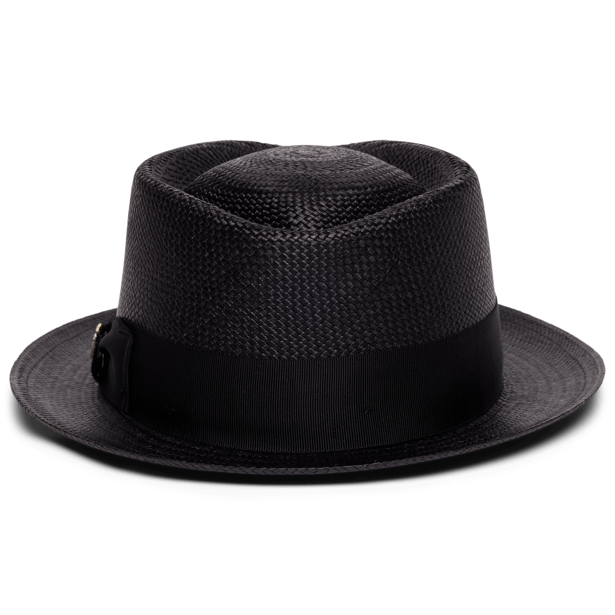 The That's All Folks by Goorin Bros. is a black handwoven Ecuador Panama hat, crafted from genuine straw with a wide black ribbon band and shown on a plain white background.