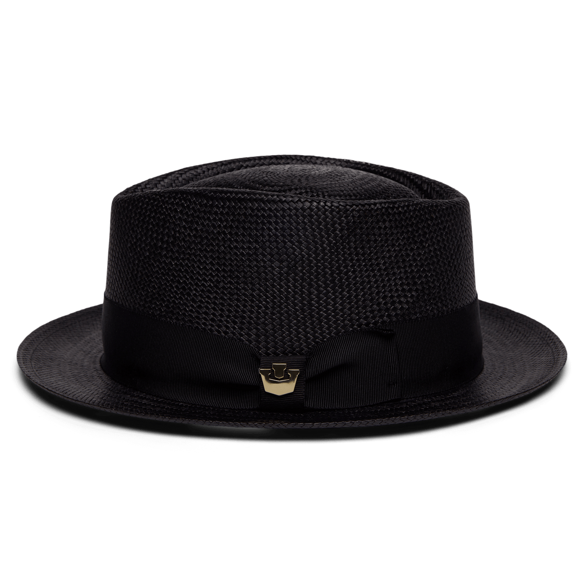 The "That's All Folks" hat by Goorin Bros. is a lightweight black Panama straw style with a flat crown, wide brim, black ribbon band, and a small metallic side emblem.