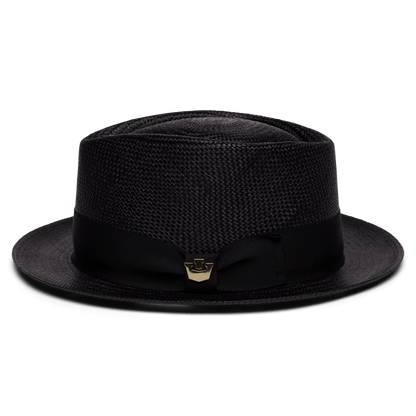 The "That's All Folks" hat by Goorin Bros. is a lightweight black Panama straw style with a flat crown, wide brim, black ribbon band, and a small metallic side emblem.