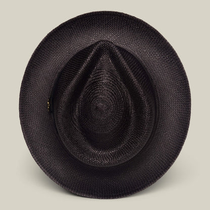 The John Sr. by Goorin Bros. is a black toquilla straw teardrop fedora with a wide brim, pointed crown, and 50 UPF sun protection, shown on a plain beige background.