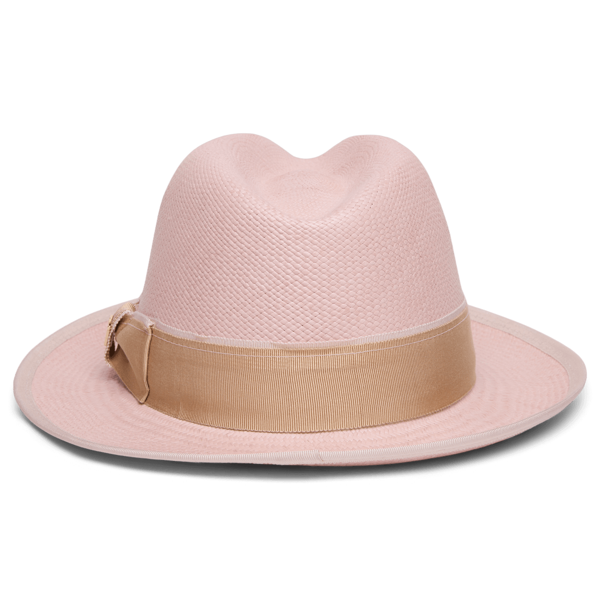 The Hartman by Goorin Bros. is a light pink wide-brim fedora with a beige grosgrain hat band, shown on a white background.