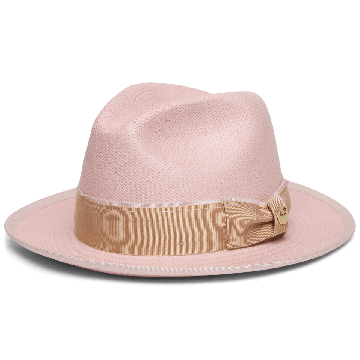 The Hartman by Goorin Bros. is a light pink 100% toquilla fedora hat featuring a beige grosgrain hat band and bow, shown from the side against a white background.