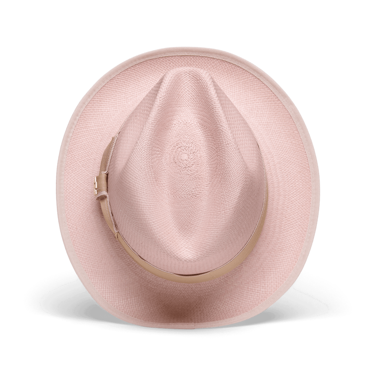 The Hartman by Goorin Bros. is a light pink straw fedora made from 100% toquilla, featuring a beige grosgrain hat band, shown from above on a plain white background.
