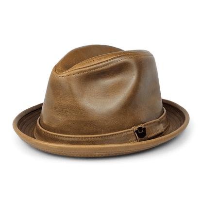 The Goorin Bros. Noble Park is a handmade in USA leather fedora with a creased crown, short brim, and a decorative band featuring a metal accent, shown against a plain white background.