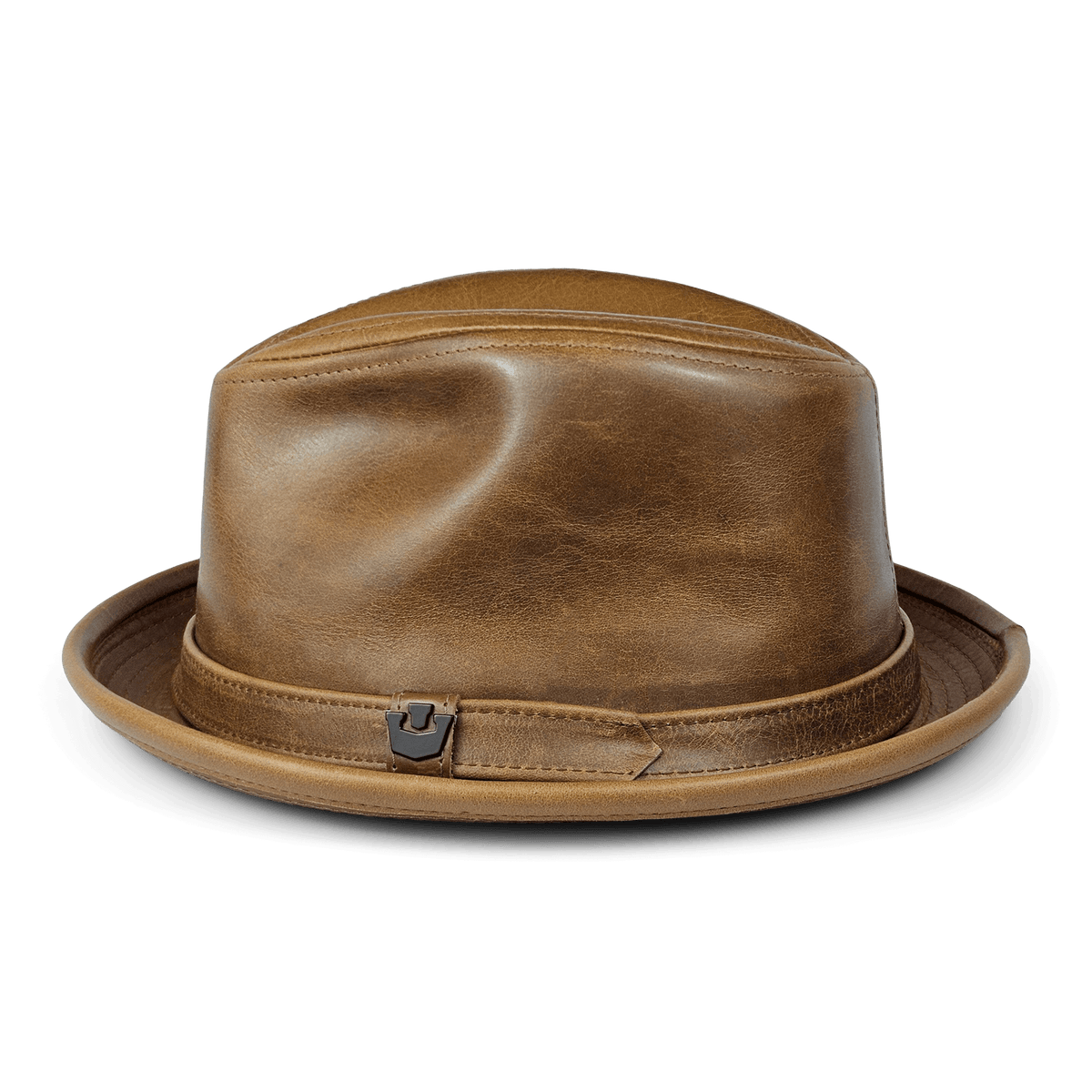The Goorin Bros. Noble Park is a handmade structured leather fedora with a short brim and decorative band with metal accent, crafted in the USA, shown on a plain white background.