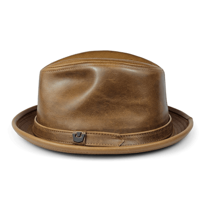 The Goorin Bros. Noble Park is a handmade structured leather fedora with a short brim and decorative band with metal accent, crafted in the USA, shown on a plain white background.