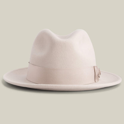 Dean the Butcher by Goorin Bros. is a BISCUIT-colored fedora with a wide brim and matching grosgrain band—American-made, displayed on a neutral background. An all-season hat perfect for any occasion.