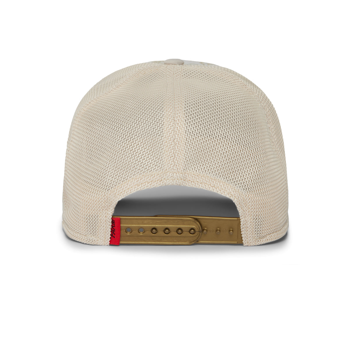 Back view of The Farm Quid Glorier beige mesh trucker hat, featuring an adjustable brown plastic snap closure and a small red tag on the left side. All Sales Final.