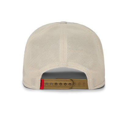 Back view of The Farm Quid Glorier beige mesh trucker hat, featuring an adjustable brown plastic snap closure and a small red tag on the left side. All Sales Final.
