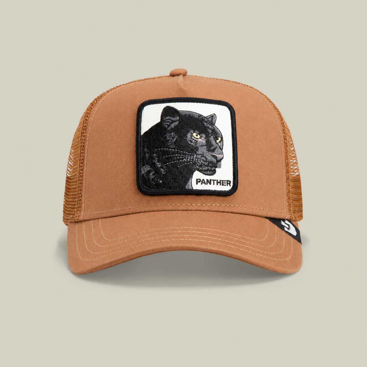 Chocolate mesh trucker hat from Goorin Bros.’ The Farm line, called “The Panther,” featuring a front patch with an embroidered black panther and the word PANTHER below the image—perfect for fans of the classic panther trucker hat style.