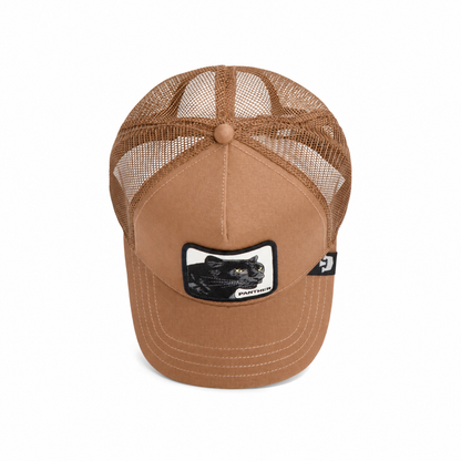 Brown mesh trucker hat from Goorin Bros., The Panther, featuring a front patch with a striking black panther illustration and the word "PANTHER"—an iconic Panther trucker hat for standout style.