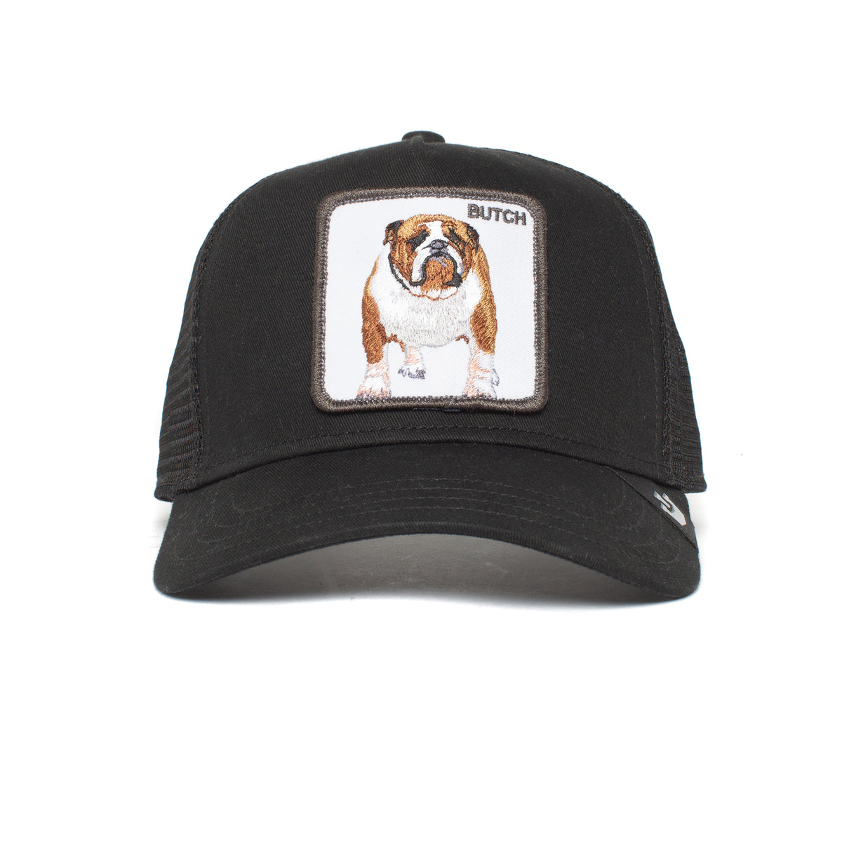 The Butch by The Farm is a black baseball cap featuring a patch with an embroidered bulldog and "BUTCH" above it; all sales are final.