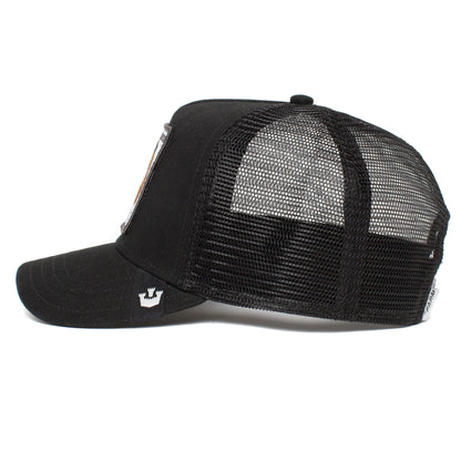 The Butch by The Farm: black mesh trucker hat shown from the side, with a curved brim and adjustable snapback closure. All sales final.