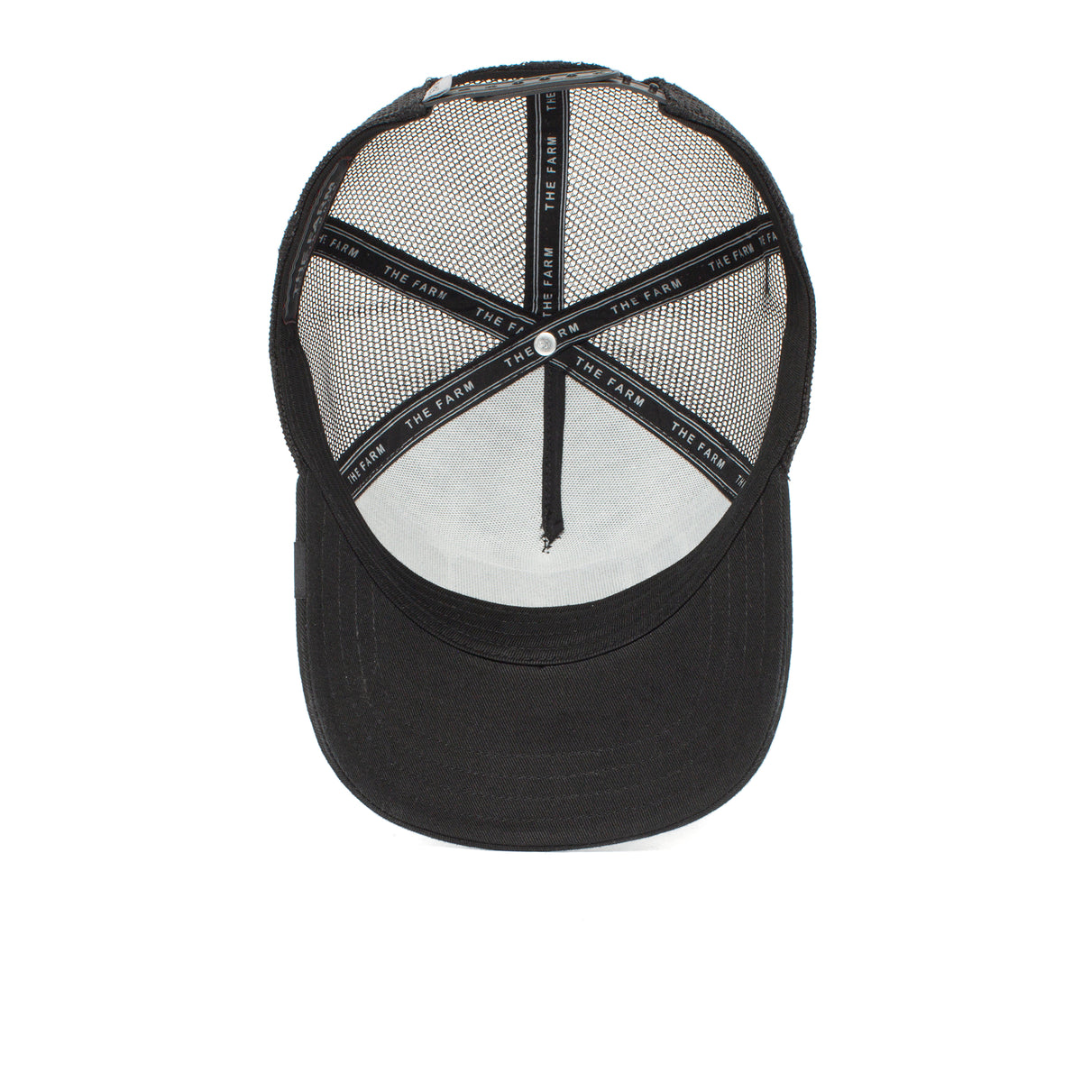 The Butch by The Farm is a black trucker hat shown from above, featuring mesh back panels and internal black taping with white text. All sales are final.