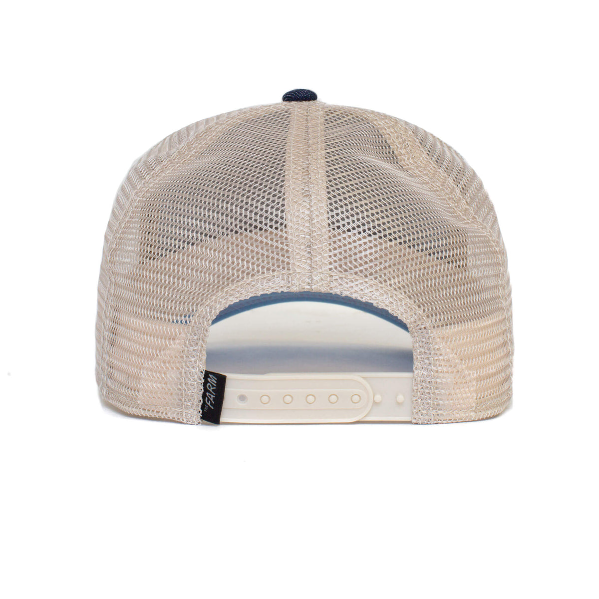 Back view of The Farm’s “The Nuts Squirrel” beige mesh trucker hat featuring an adjustable white plastic snapback closure and a small black fabric tag on the left side of the opening—perfect to show off wherever you go. Please note, all sales are final.