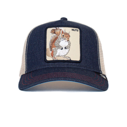 Front view of The Farm’s “The Nuts Squirrel” trucker hat in blue and beige, featuring a patch with a squirrel and the word “NUTS” embroidered in the top right corner—perfect for anyone feeling a little nutty. All sales are final, so wear it with confidence!.