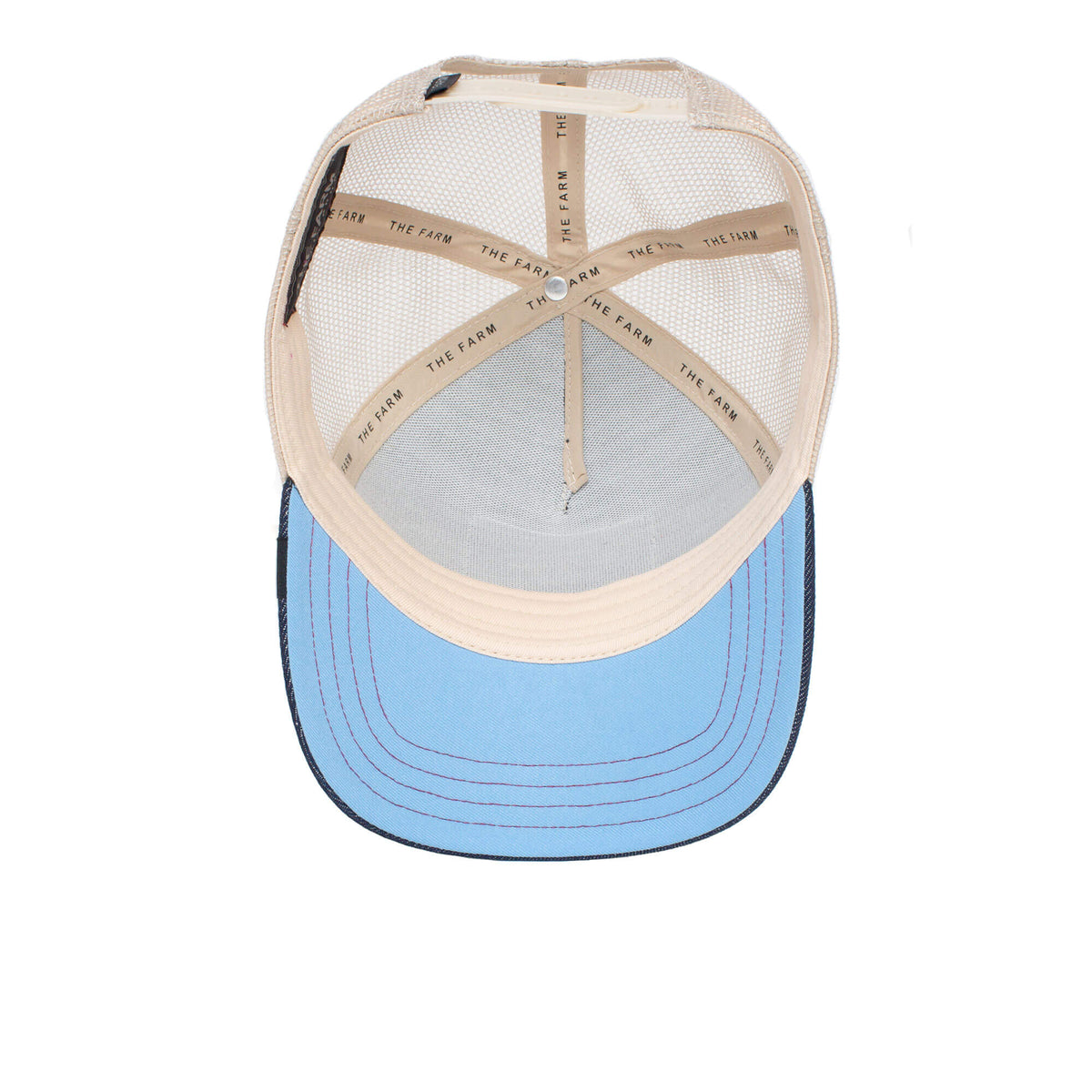A beige mesh-back trucker cap viewed from above, featuring a light blue brim and an internal hatband labeled “The Farm”—this is The Nuts Squirrel by The Farm. Show it off with confidence, as all sales are final.