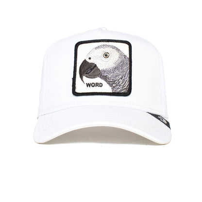 The Farm Platinum Word white baseball cap features a rectangular patch with an embroidered parrot head and "WORD" below it; all sales are final.
