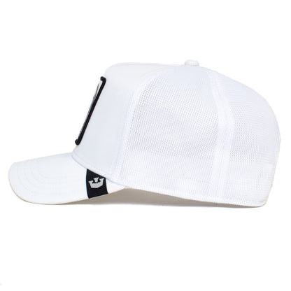 The Farm Platinum Word white mesh trucker hat, shown side view with a black patch on the left and a small black tag above the brim; all sales are final.