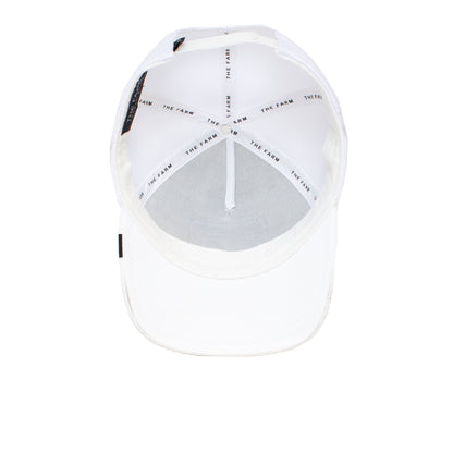 Top view of the Platinum Word cap by The Farm, highlighting inner stitching, mesh panels, and a label with THE FARM text. Please note: All sales are final.
