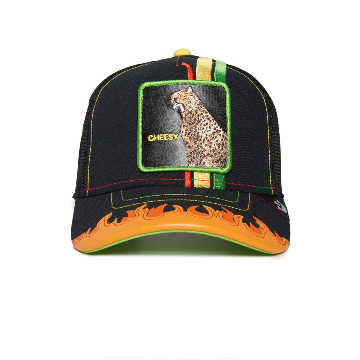 The DANGEROUSLY hat by The Farm is a black mesh trucker cap made from premium mesh, featuring a cheetah patch labeled “CHEESY,” green and yellow stripes, and an orange flame detail on the brim. Inside, a soft terrycloth sweatband provides all-day comfort.