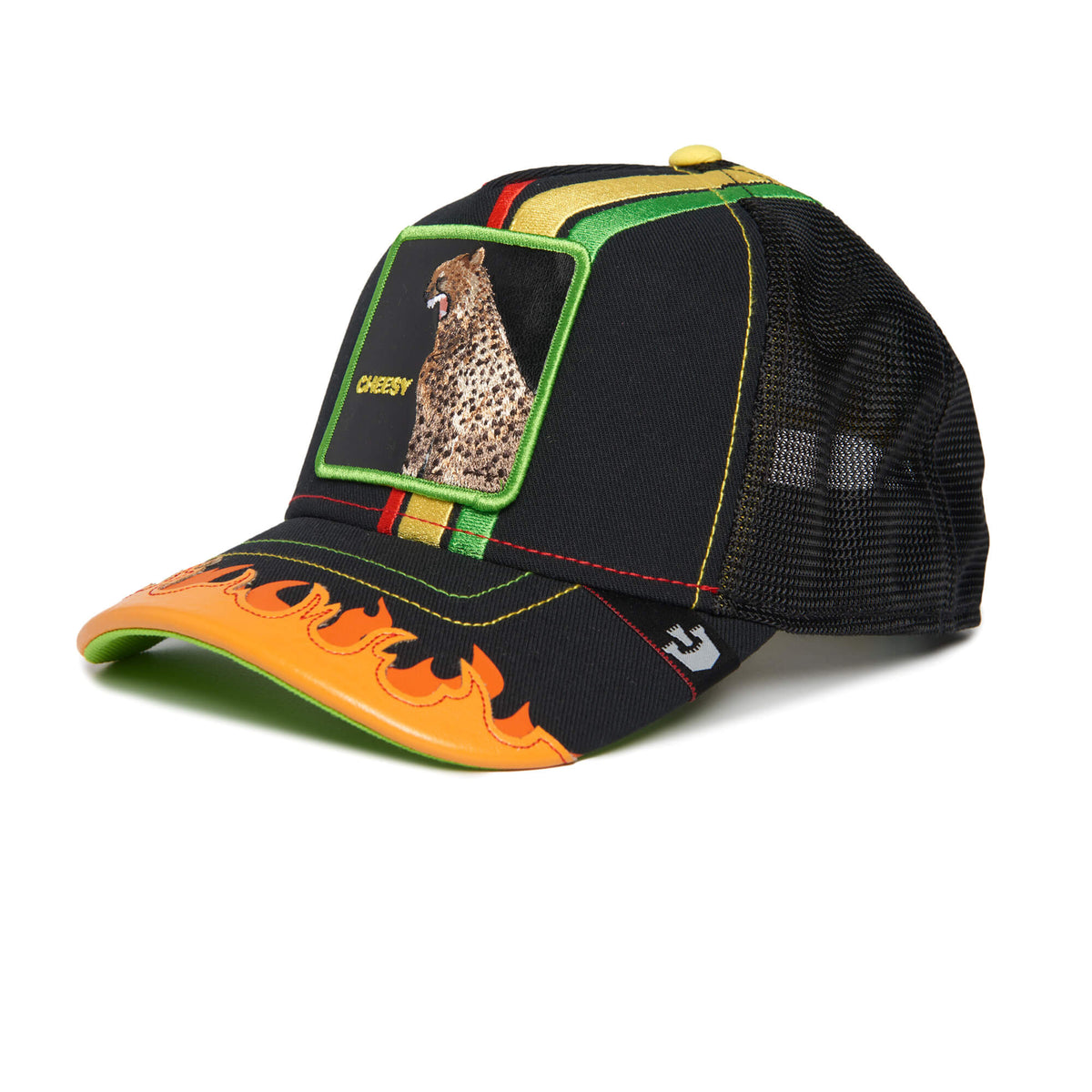 The DANGEROUSLY trucker hat by The Farm features a black mesh construction with yellow and green accents, a striking flame design on the brim, and a front patch showcasing a cheetah alongside the word “CHEESY.” Designed for comfort and breathability, this cap is crafted from premium mesh and finished with a soft terrycloth sweatband to keep you cool whether you’re on the move or relaxing.