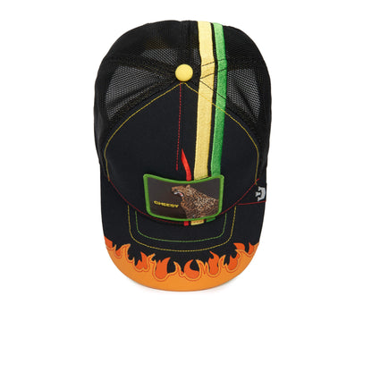 Introducing the DANGEROUSLY trucker hat by The Farm: crafted with premium black mesh for breathability, this hat features bold yellow, green, and red stripes accented by a cheetah patch and an orange flame design on the brim. Designed for comfort, it includes a soft terrycloth sweatband for all-day wear.