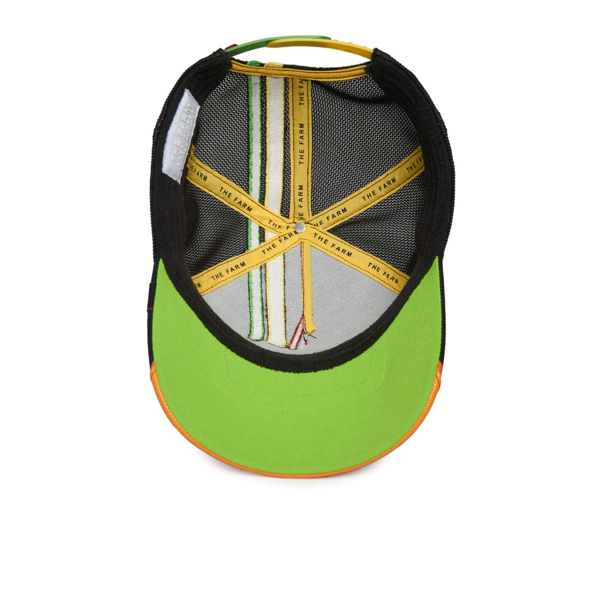 Inside view of the DANGEROUSLY cap by The Farm, featuring a bright green brim, premium black mesh lining, and yellow bands labeled THE FARM.
