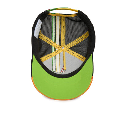 Inside view of the DANGEROUSLY cap by The Farm, featuring a bright green brim, premium black mesh lining, and yellow bands labeled THE FARM.