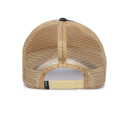Back view of The Farm MODEL NO. 5741110N, a tan mesh trucker hat featuring a plastic adjustable snap closure and a small black woven tag on the left side.