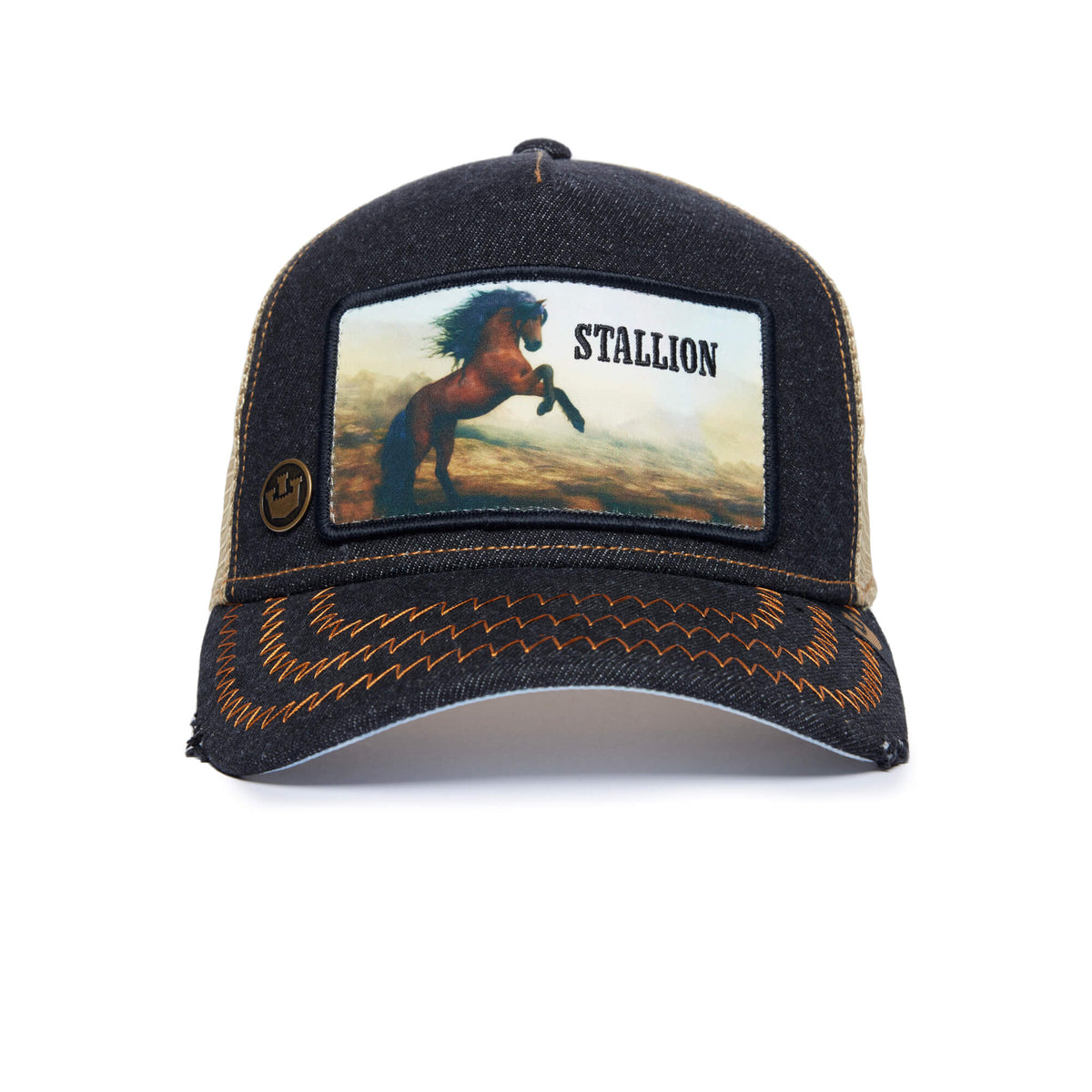 Model No. 5741110N by The Farm is a black denim hat with brown stitching, featuring a patch of a rearing horse and the word “STALLION” embroidered above it, embodying the spirit of an untamable yet trustworthy steed. All sales are final.