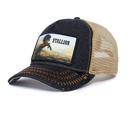 Introducing MODEL NO. 5741110N by The Farm: a two-tone mesh trucker cap featuring a front patch with a running horse and the word “STALLION.” Inspired by the spirit of an untamable and trustworthy steed, this cap has zigzag stitching on the brim and a curved bill. Please note that all sales are final.