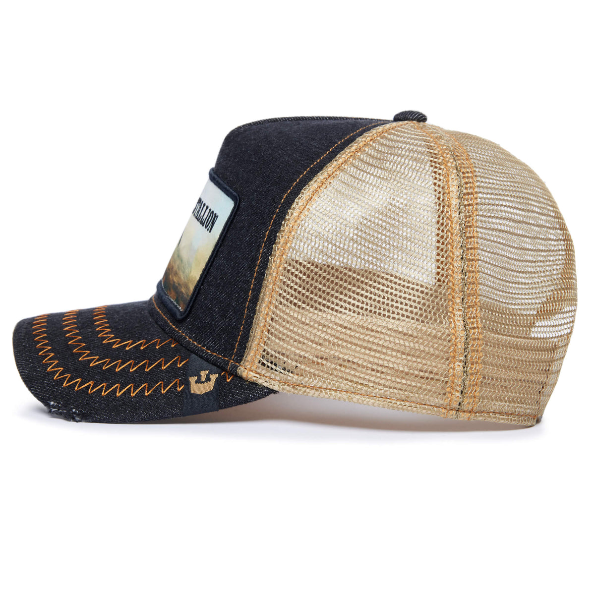 Introducing the MODEL NO. 5741110N by The Farm: this trucker hat features a black denim front, gold mesh back, striking orange stitching, and a rectangular patch on the front panel—an untamable accessory as dependable as your most trusted steed. Please note: all sales are final.