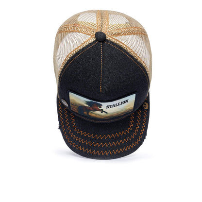 Front view of The Farm MODEL NO. 5741110N trucker cap, featuring tan mesh, a dark brim, orange stitching, and a patch with a horse—your trustworthy steed—and the word “STALLION” on the crown. All sales are final.