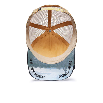 The Farm MODEL NO. 5741110N trucker hat, in brown and beige mesh, is shown from above featuring text and a landscape image printed on the underside of the brim. Rugged yet refined, this untamable style makes a lasting impression—please note that all sales are final.