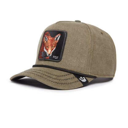 The Farm’s Foxy Duck cap features khaki fabric with a striking fox face patch on the front, a black-trimmed brim, and a subtle white label on the left side—ideal for those who value clever style and want to stay ahead of the crowd.
