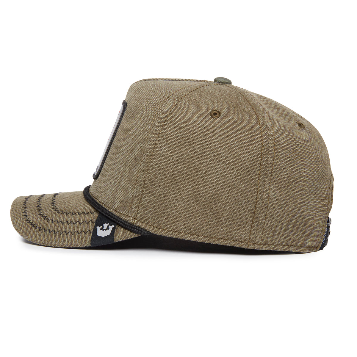 Side view of The Farm’s “Foxy Duck” baseball cap in khaki, featuring black trim detail and visible stitching on the brim—crafted for sharp looks and designed to outsmart the everyday.