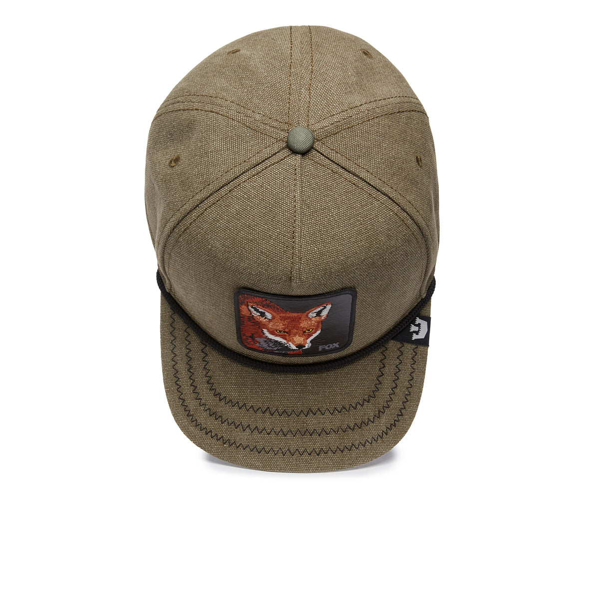 Olive green Foxy Duck baseball cap by The Farm, featuring a fox patch on the front, visible stitching on the brim, and a small logo tag on the side—designed for sharp looks and to help you outsmart the everyday with sly moves.
