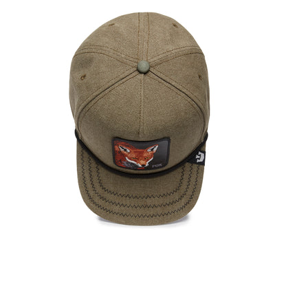 Olive green Foxy Duck baseball cap by The Farm, featuring a fox patch on the front, visible stitching on the brim, and a small logo tag on the side—designed for sharp looks and to help you outsmart the everyday with sly moves.