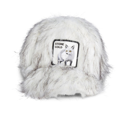The Faux Fox hat by Goorin Bros. is a white faux fur accessory with grey accents, featuring a patch of an arctic fox and the words “STONE COLD” embroidered above the animal—perfect for making a bold fashion statement.