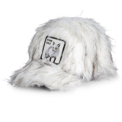 The Faux Fox by Goorin Bros. is a bold faux fur baseball cap featuring a furry white design with gray streaks, accented by a front patch showcasing an arctic fox and the words “STONE COLD.” This standout accessory is the perfect hat for those looking to make a stylish statement.