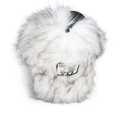 The Goorin Bros. Faux Fox hat, featuring white and gray faux fur and a tag attached, is photographed against a plain white background—an ideal bold fashion accessory for winter.