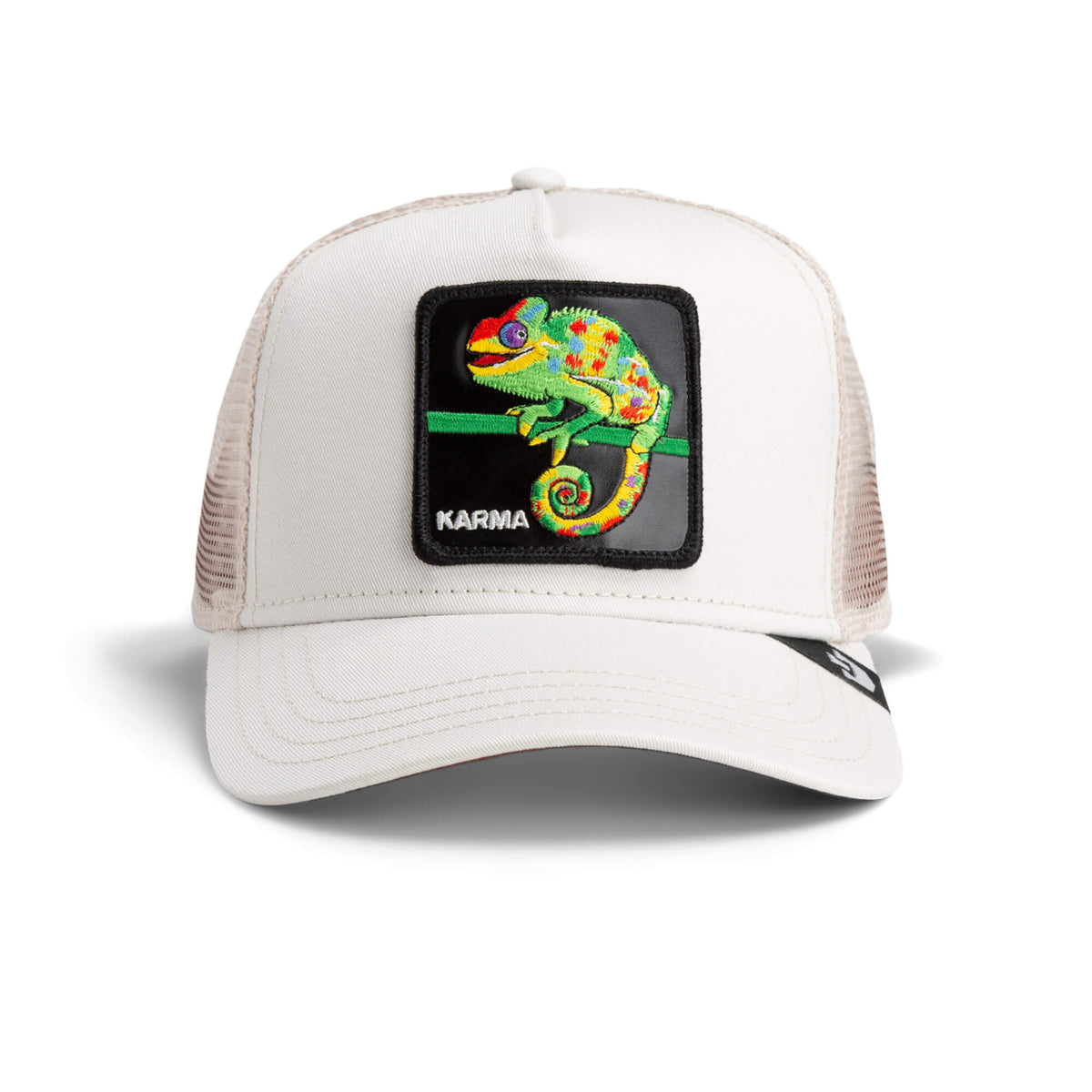The Farm’s creme trucker hat, The Karma Chameleon, features a mesh back and a vibrant front patch with colorful embroidered chameleon and "Karma Chameleon" below.