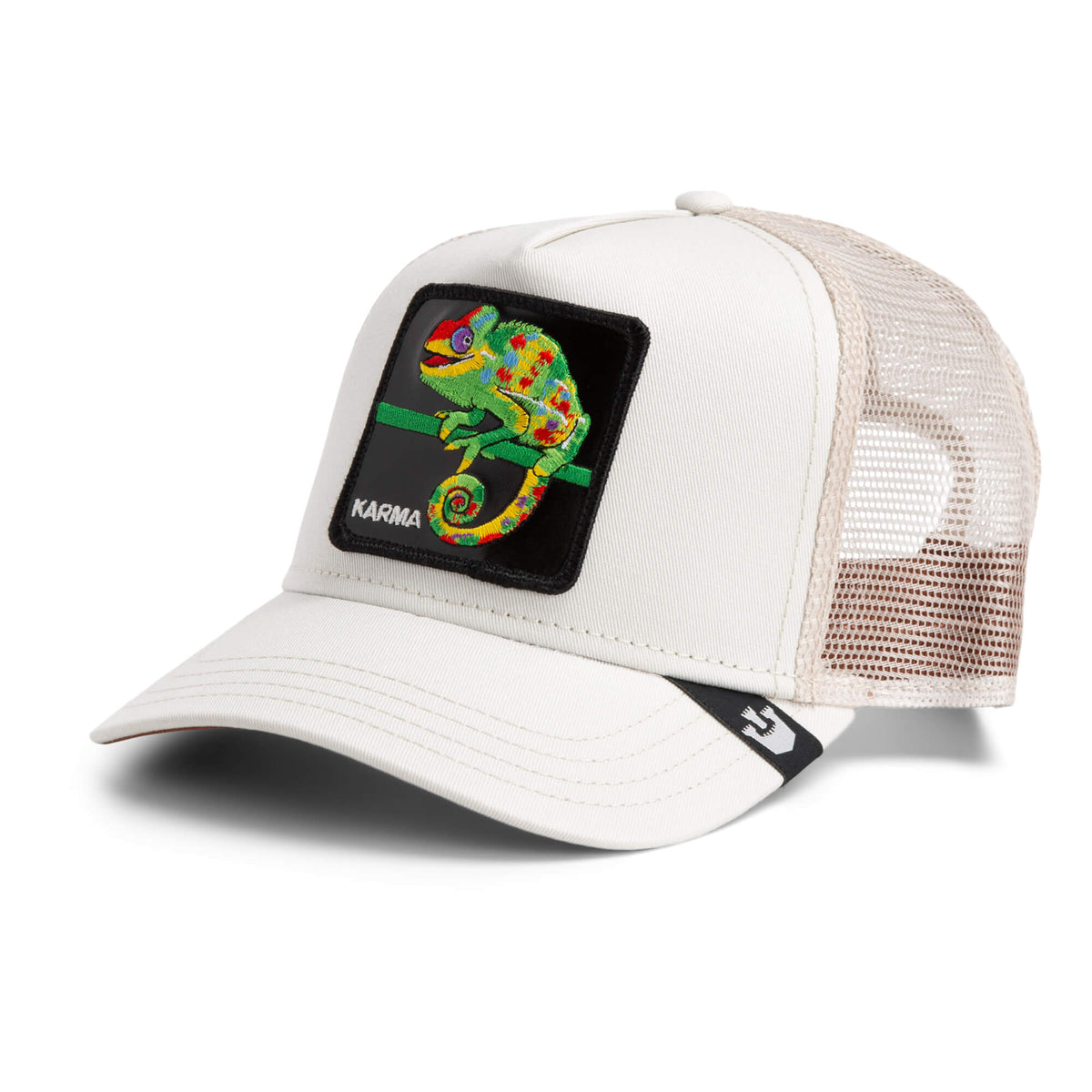 The Farm’s Karma Chameleon is a beige mesh trucker hat featuring a vibrant chameleon patch labeled "Karma Chameleon" on the front, bringing good vibes.