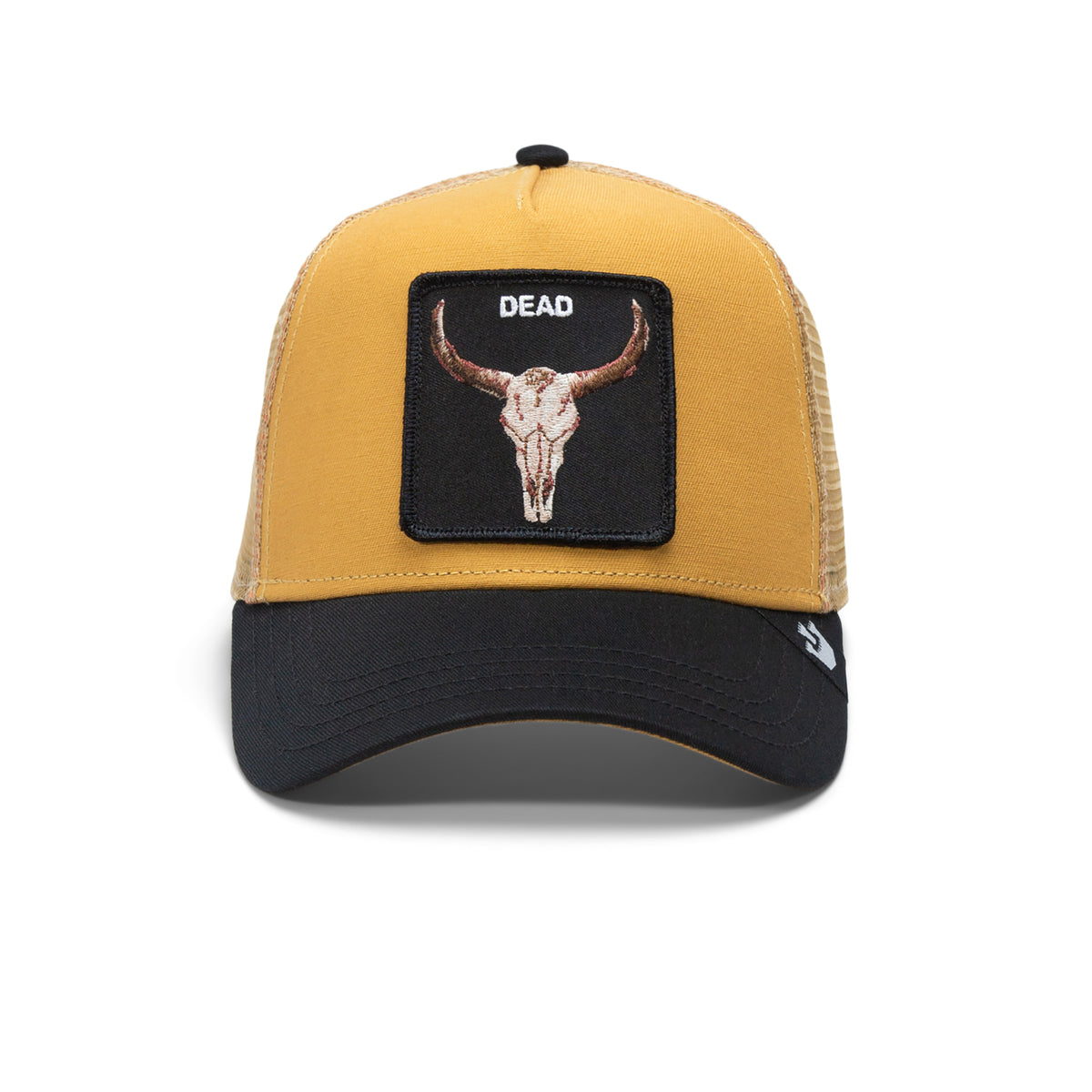The Dead Skull by The Farm is a mustard trucker hat with a steer skull patch and "DEAD" on the front. All sales final.
