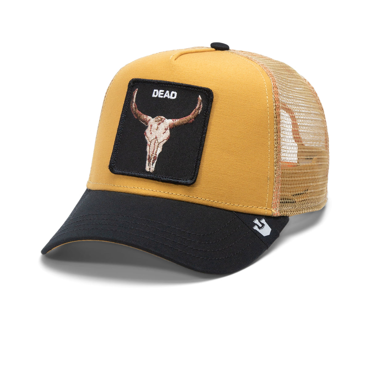 The Farm’s The Dead Skull is a yellow and black trucker hat with a mesh back and a front patch showing a bull skull with "DEAD" above it. All sales are final.