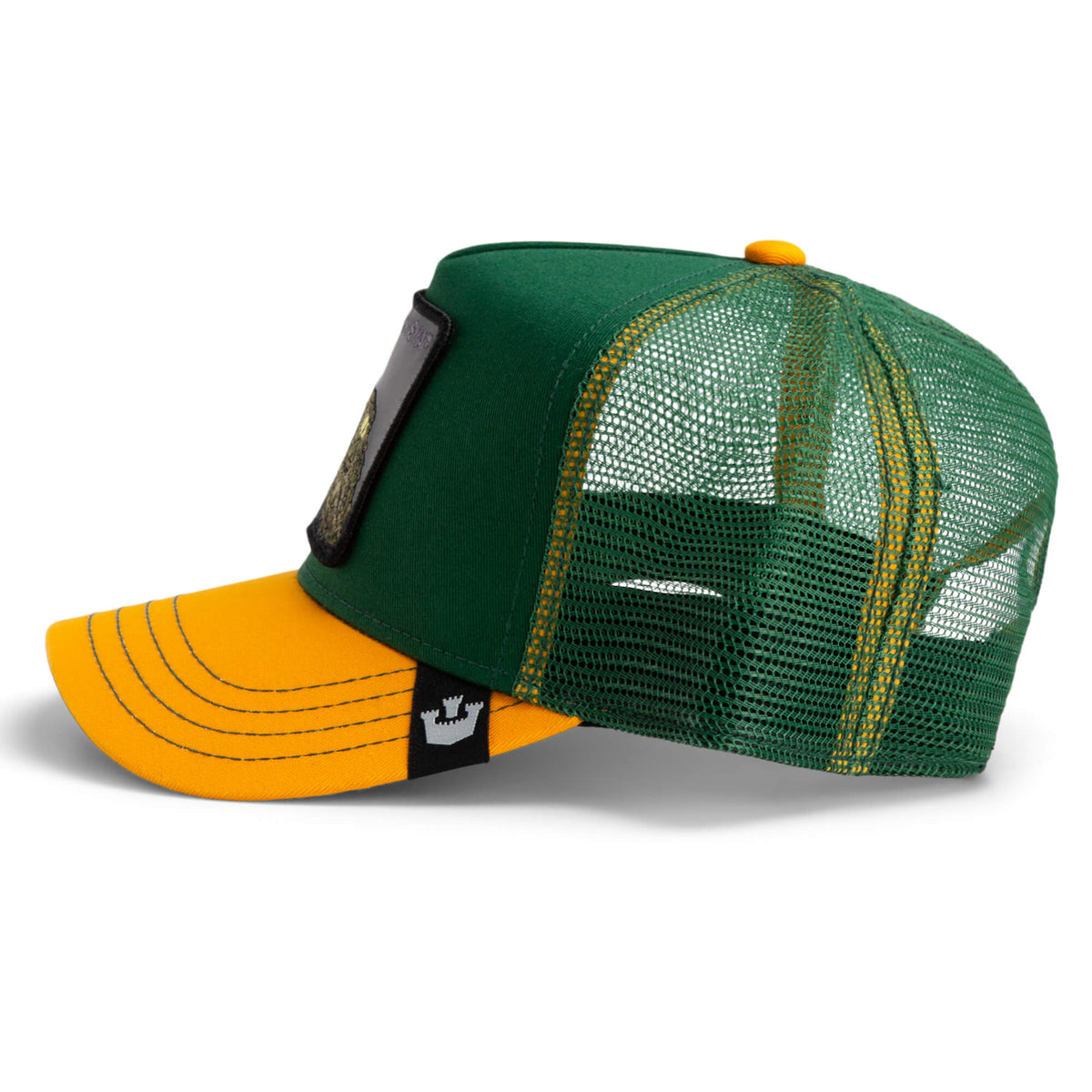The Farm’s "The Oh Snap Alligator" is a green and yellow mesh trucker hat with a yellow bill, green front panel, mesh back, black patch, and crown tag. All sales final.