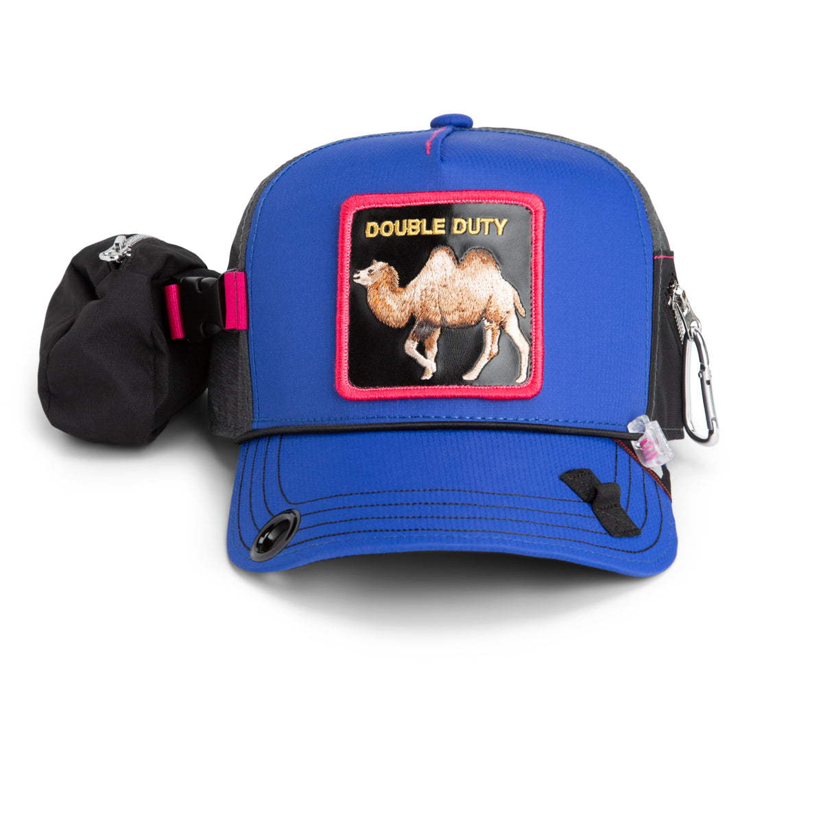Introducing the “Oversized Package” by The Farm: a blue, water-resistant trucker hat featuring a DOUBLE DUTY camel patch, black side pouch, small carabiner, decorative front details, and an extra-wide brim.