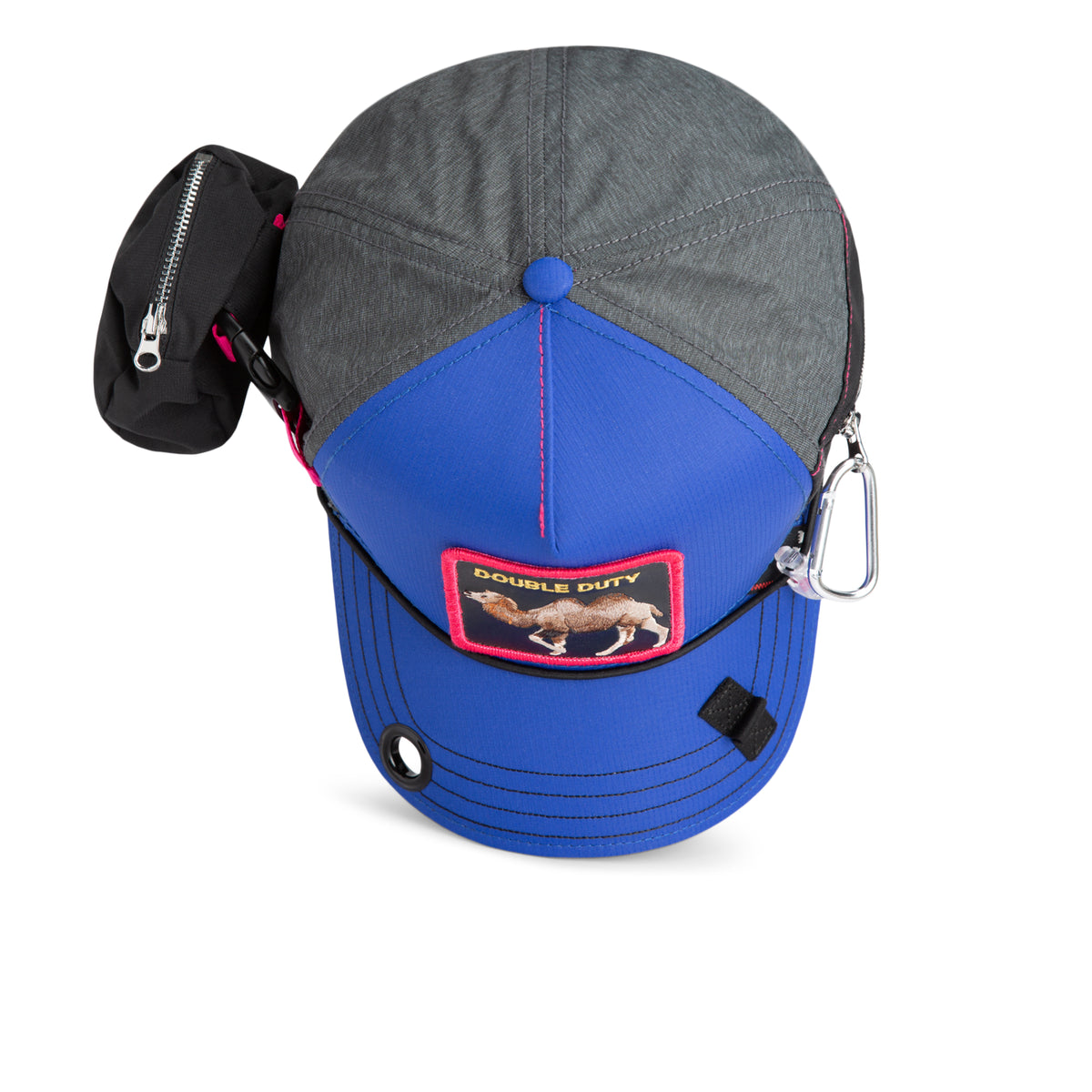 Introducing the Oversized Package by The Farm—a blue and gray water-resistant baseball cap featuring a Double Duty patch, a convenient small zip pouch, a carabiner, and a black strap detail on the brim. Ideal for active days outdoors.