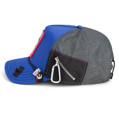 The Farm Oversized Package is a blue and gray water-resistant baseball cap featuring a front patch, side zipper pocket, attached carabiner, and decorative stitching and details.